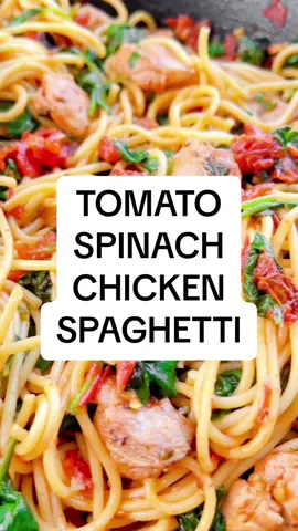 Full printable recipe for Tomato Spinach Chicken Spaghetti is kinked in my profile. #iamhomesteader #homesteadrecipes #tuscanspaghetti 