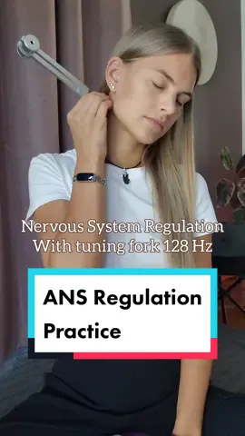 Nervous system regulation practice  Regulate your nervous system by placing a weighted 128 Hz tuning fork on your vagus nerve. Stimulate this spot on the neck below the ear on each side, repeat for 3-6 rounds. Take a deep breath and smile. #nervoussystemregulation #calming #stress #128hz #ans #tuningfork #weightedtuningfork #soundhealing 