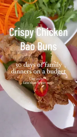 Crispy Chicken Bao Buns This is 30 days of family dinners on a budget and these Crispy Chicken Bao Buns are proof that it is possible to create delicious home cooked food on a modest budget without sacrificing on quality… or enjoyment! My family hovers in the kitchen when I make these, the chicken is coated in a simple marinade before being coated in flour and then cooked until golden. The bao buns are found in the freezer of the supermarket, I get them at half price, look out for specials! You can steam them in the microwave, but I find a steamer basket easier- This one is from @Kmart Australia and I use it all the time for steamed veggies, making noodles or dumplings and even steaming rice. I’ve linked it in the recipe for you, $19 well spent! These are such a fun Friday night dinner. I love that the kids can load up on their favourite salads, sriracha mayo finishes it off (plain mayo for kiddies) all while I’m wearing my slippers! Save this one for when you next need a fun dinner idea! Ingredients 16 bao buns, steamed as per packet instructions 2 tbsp tamari or all-purpose soy sauce, plus extra to serve 1 tsp garlic, freshly minced 2 eggs, whisked 500g chicken thigh fillets, cut into strips 1.5 cups plain flour 1 tsp salt 1/2 tsp black pepper Oil for frying 1 cup carrot, julienned or shredded 2 cucumbers, cut into batons 1/2 bunch coriander, leaves picked 1/2 cup sriracha mayonnaise (or regular mayonnaise for littles) 2 red chillies, sliced to serve (optional) #crispychicken #chicken #baobuns #fridaynight #familydinner #foodforkids #onabudget #homecooked #DinnerIdeas #dinnerinspo #Recipe #EasyRecipe
