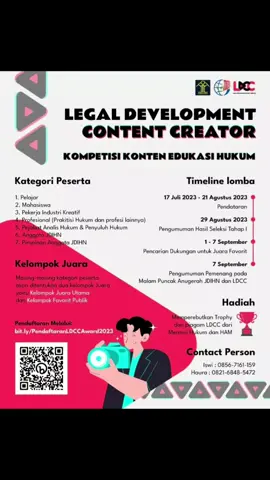 LEGAL DEVELOPMENT CONTENT CREATOR  (Kompetisi Konten Edukasi Hukum) Tahun 2023 Halo #Sobat JDIH ATR/BPN Ada yang seru lhoo! Badan Pembinaan Hukum Nasional (BPHN) Kementerian Hukum dan Hak Asasi Manusia menyelenggarakan kegiatan Kompetisi Konten Edukasi Hukum pada rangkaian acara  JDIHN dan LDCC Awards 2023. Sobat pencinta edukasi hukum jangan lupa ikut serta dalam kegiatan tersebut, mari ikuti keseruannya dengan dengan mendaftar pada link berikut : bit.ly/PendaftaranLDCCAward2023 Tunggu apalagi sobat JDIH ATR/BPN! Yukk segera daftar dan ikut meramaikan penyelenggaraan kegiatan JDIHN dan LDCC Awards Tahun 2023! #BPHN #Kemenkumham #JDIHNAWARDS2023 #LDCCAWARDS2023 #JDIHNXLDCCAWARDS2023