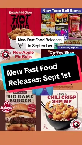 So many great fast food releases coming in September- which ones are you going to grabbing? I need to visit Taco Bell, Panda Express, KFC, Arby's, and Baskin Robbins apparently... it all looks great! #fastfood #tacobell #kfc #pandaexpress #arbys #kentuckyfriedchicken #baskinrobbins #chickenwings #newfastfood #fastfoodlife 