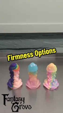 Firmness display, our three most popular firmness options #fantasytoy #siliconeproducts #bodysafetoys #firmness #squishtest #monsterfudgers #mushroom 