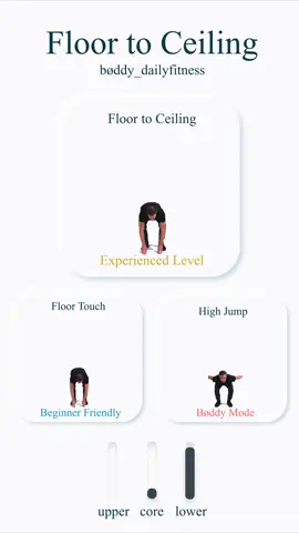 What are the Keypoints for doing Floor to Ceilings? 1️⃣ Start standing with your feet shoulder-width apart 2️⃣ Bend at your hips and knees, reaching down to touch the floor 3️⃣ Keep your back straight and chest up as you reach down 4️⃣ Explosively push through your legs to jump up 5️⃣ Reach your arms toward the ceiling as you jump 6️⃣ Land softly, bending your knees to absorb the impact 7️⃣ Immediately go into the next repetition, maintaining a fluid motion Have Fun💪 #bøddy #boddy #challenge #fitnesschallenge #homeworkout #Fitness #workout #fitnessmotivation #gym #motivation #fit #training #fitfam #bodyweight #exercise #workoutmotivation #healthylifestyle #fitnessjourney #homegym #homeworkouts #bodyweightworkout #weightloss #cardio #abs #amrap #health #workoutathome #emom #crossfit 