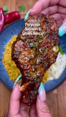 TASTY SPICY PERUVIAN SALMON + GREEN SAUCE + YELLOW RICE 🚀🔥💯 (dm me on my instagram to get full recipes). . . #peruvianfood #peruviansalmon #salmon #seafood #foodinspiration #foodideas #dinner #brooklyn #miami #fyp #seafood #deliciousfood 