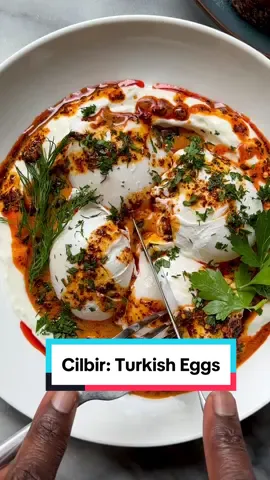 Çilbir! Garlicky yogurt, packed eggs, butter and olive oil with pepper and finished with fresh herbs. #cilbir #poachedeggs #turkishfood 