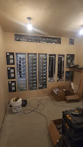 Electrical room progress in a luxury custom home featuring centralized lighting control, motorized automated window coverings and transfer switch for automatic auxiliary backup power via a remote generator. #lutronsparkies #homeworks #lutron #electrician #electricalinstallation #electricalwiring #dreamhome #electricalwork #electricalcontractor #nicehouse #homeautomation #electricalcontractor #lightingcontrol #electricaldesign