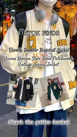 Korean Style Varsity Bomber Baseball Jacket For Men/Women. Bone Patchwork College Vintage Korean Jersey Jacket Men/Women. Get Yours Now! Check the yellow basket! #koreantrend #fypシ #aesthetic #Koreanstyle #koreanjacket 