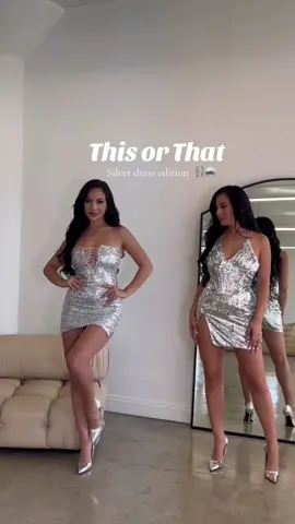 Which are you wearing? 🪩 both from @FashionNova !! #silverdress #dresses #nightout #birthdaydress #dress #thisorthat #fashiontiktok #fypシ 