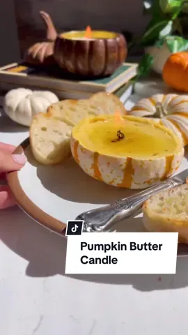 Pumpkin Butter Candle 🎃 it is SO cute and good. You can just add butter and call it a day BUT I wanted to use the pumpkin meat to not waste and it was 🫶🏻. Tip: use a food grade wick, like hemp so it doesn’t affect the taste. To turn it off just place the pumpkin over it like you would a reg candle! Ingredients: •10-12 oz unsalted butter (depending on your pumpkin size). •1 mini pumpkin. •1 large sage leaf. •1 large garlic clove (smashed). •1/4 tsp pumpkin spice. •1 tbsp maple syrup. •pinch of salt. •1/2 tsp crushed red peppers. Directions: 1. Cut the top off your pumpkin and hollow out as much as you can. Save the seeds to roast too. 2. Preheat a pan on high for 2 min. Add 2 tbsp butter, the garlic and sage leaf. Sautee on medium for 2-3 min until fragrant. 3. Add in the pumpkin meat, sautee for 8-9 min until soft. Add in the spices, peppers and maple syrup. Cool together 3-4 more min. Let it cool. 4. Process the room temp butter with the pumpkin until smooth. 5. Fill your pumpkin with the butter, add in your wick and let sit in the fridge for 20-30 min or freezer for 15. 6. Enjoy! #pumpkinbutter #buttercandle #butter #EasyRecipes #funrecipes 