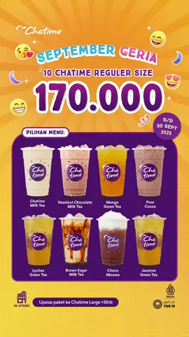 PROMO MURAH DI LUAR NURUL ‼️ ⁣ Beli 10 Chatime regular size cuman 170ribu aja! Pas banget promonya buat dinikmatin bareng temen se-geng kamu ataupun keluarga tercintah. 💜 Promo BIG ORDER ini cuman sampai 30 September 2023 aja ya, buruan pesen sekarang juga di gerai Chatime terdekat! #chatime #chatimeindo #chatimeindonesia #fbindonesia #GoodTeaGoodTime #chatimeindonesia 