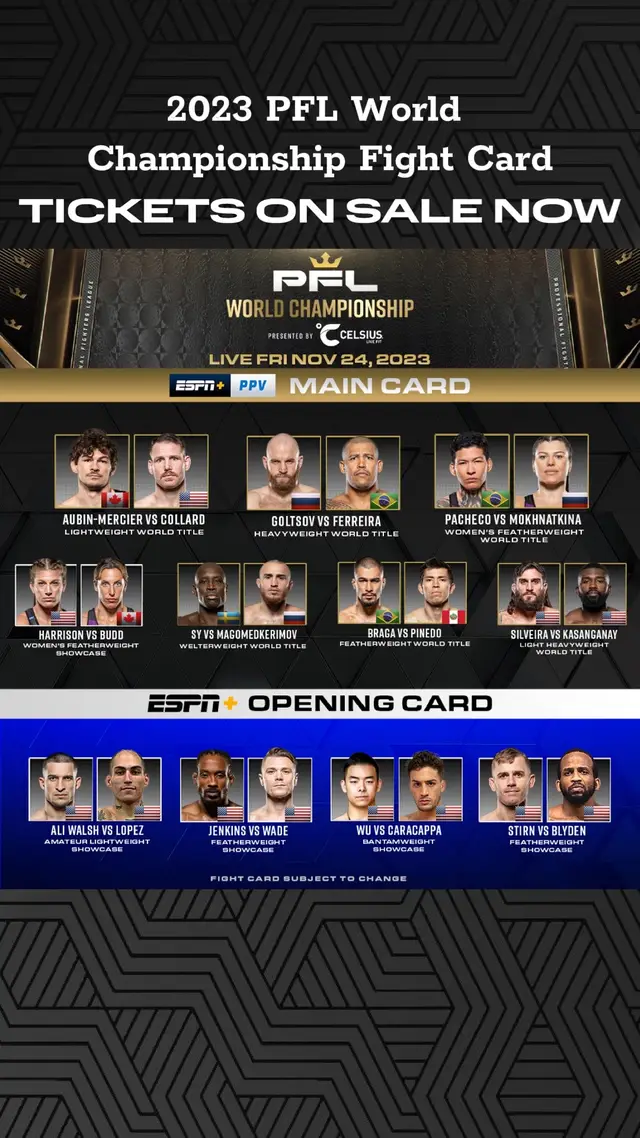 OFFICIAL:  2023 #PFLWorldChampionship fight card 🏆💰 6⃣PFL World Championship bouts 6⃣Million Dollars On The Line 👑The 𝗥𝗲𝘁𝘂𝗿𝗻 𝗢𝗳 𝗧𝗵𝗲 𝗤𝘂𝗲𝗲𝗻  👊𝘼 𝙃𝙚𝙖𝙩𝙚𝙙 𝙍𝙞𝙫𝙖𝙡𝙧𝙮 gets settled & much more All goes down on November 24th in 𝗪𝗮𝘀𝗵𝗶𝗻𝗴𝘁𝗼𝗻 𝗗.𝗖.  🎟️Tickets 𝗢𝗡 𝗦𝗔𝗟𝗘 𝗡𝗢𝗪 #pflmma #mma #combatsports #sports #tickets #washingtondc #washingtondc #dc #sportstiktok 