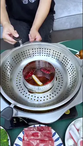 Nồi lẩu xoay 2 tầng nâng đồ ăn tách nước chất liệu inox