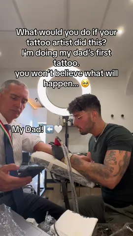 What would you do if you tattoo artist did this? I did my dad’s first tattoo for his 60th Birthday… look at his surprise 🥹🤍 #tattoo #singer #tattooartistsoftiktok #dad #birthday #avicii #fyp #viral #aureoromatattoo 