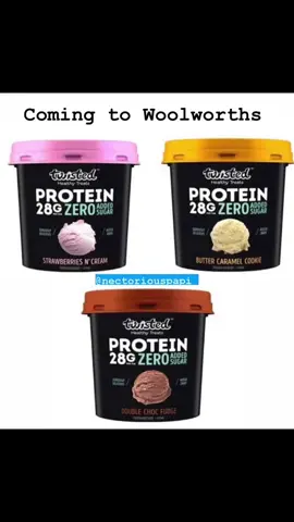 *UPDATE. REVIEW IS UP* Coming to Woolworths… Twisted Healthy Treats Frozen Desserts  Zero Added Sugar and 28g Protein per tub  3 flavours; Strawberries N’ Cream, Butter Caramel Cookie and Double Choc Fudge  Enjoy 😉  #twisted #healthytreats #frozendessert #dessert #icecream #frozenyogurt #strawberry #cream #butter #caramel #cookie #chocolate #fudge #protein #zeroaddedsugar #lowcalorie #fyp #foryou 