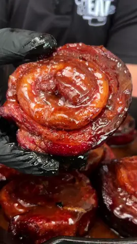 Pork Cinnamon Buns  Think Low n Slow Pork Belly Burnt Ends glazed in a sweet, sticky sauce. These are a must-try  Written recipe on our IG. #cheatmeats #pork #porkbelly #bbq #barbecue #bbqtiktok #keto #carnivore #b