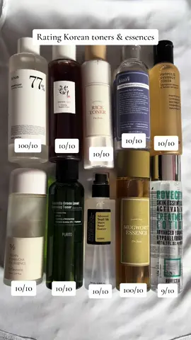 Rating Korean essences & toners. TBNICOLE21 for @YesStyle discount🛍️ #SkinCare101 #skincaretips #anuaheartleaf77 #beautyofjoseon #skintok #cosrxsnailessence #drceuracle #anuaambassador 