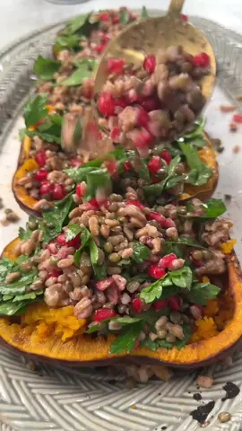 SAVE my STUFFED HONEY NUT SQUASH recipe for a weeknight vegetarian/vegan dinner or THE perfect THANSGIVING side dish. I’ve provided vegan swaps below.  Squash 2 honeynut squash or 2 small butternut squash 1 tbsp olive oil 1 tbsp honey or maple syrup 1/4 tsp salt Dressing 1/3 cup olive oil 1 small blood orange, or regular orange juiced 1.5 tbsp hot, regular honey or maple syrup 2 tbsp white wine vinegar 1/2 tsp dijon mustard 1/2 tsp cumin 1/4 tsp salt Filling: 1 cup cooked faro, quinoa, or cous cous 1 cup cooked lentils or drained canned chickpeas 1/3 cup walnuts 1/2 cup pomegranate seeds 1/2 cup parsley leaves 2 ounces crumbled feta (optional) -Preheat oven to 400F -Cut squash in half and remove the seeds -Place squash, cut side up, onto baking dish -Mix 1 tbsp olive oil and 1 tbsp honey. Brush squash with olive oil mixture and sprinkle with salt.  -Add all of the dressing ingredients to a blender and blend well.  -For the filling; add cooked faro, lentils (or chickpeas), walnuts, pomegranate seeds, and parsley to a bowl. Right before serving add dressing and toss.  -Use a fork to loosen the flesh of the butternut squash. -Top with filling and feta. -Eat while warm #honeynutsquash #fallrecipe #vegetarianrecipe #thanskgiving 