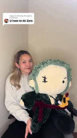Replying to @Melody_Pleng15 Zoro!!!  Pattern by: @Berns ❤  I definitely didnt think he would turn out this big! I would’ve gotten him his earrings if i knew he was going to be this big!  Remember its not supposed to be totally accurate! (I may have made his sideburns too long oops)  #crochet #crochettok #amigurumi #anime #onepiece #zoro #zorororonoa 