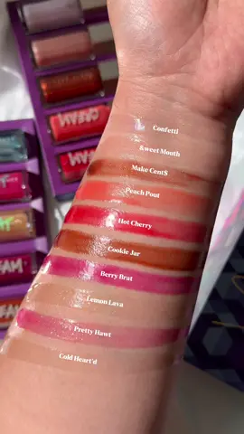 Swatches of @Fenty Beauty Gloss Bomb Vault. $150 -10 shades in 4 different formulas, there are 4 vault exclusive shades. Is it on your Holiday list?  . . #fentybeauty #glossbomb #fentyskin #sephorahaul #sephoraxkohls #glossbombvault #glossbombcream #fentyhollafame 