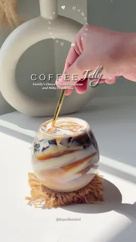 This Coffee Jelly Dessert features cubes of coffee flavoured jelly doused in sweetened milk. A simple & light delicious dessert to cool off during the summer weather!🤎 #LearnItOnTikTok #eatschristmas #FoodFestOnTikTok #FOODIEPH #homecafe #homecafeph #coffeejelly #coffeejellyrecipe #kape #KapeTayo #coffee #coffeetiktok #theycallmechoi     📌 Coffee Jelly Ingredients: Coffee Jelly  1 cup Water 1/4 Gelatin Powder 1tbsp @familyschoiceofficial Artisanal Arabica Dark Roast Inspresso Espresso (optional) 3tsp @familyschoiceofficial Artisanal Arabica Dark Roast Inspresso 30ml Hot Water Full Cream Milk 200g @familyschoiceofficial Artisanal Milky Cream Base Powder 800ml Water Instructions: 1. Bring 1 cup of water to a boil in a small pot. Turn down the heat to a simmer and add in the Gelatin powder, whisk to stir every few seconds, then add the Coffee, stir for around 2-3 minutes or until the coffee and sugar dissolves completely.  2. Remove from the heat and transfer into a shallow dish until firm. Using a sharp knife, cut the coffee jelly into cubes inside the dish.  3. Prepare the Espresso shot by adding the coffee and hot water, set aside. 4. Make the Full Cream Milk by adding the Milky Cream Base and Water. 5. Scoop coffee cubes into your serving cup and pour over the milk. Optional: for the gradient effect of the coffee colour on top, slowly add in 1 shot of chilled espresso. Enjoy!