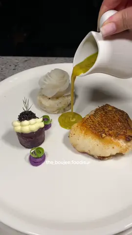 All surf no turf - Toothfish, or some say Chilean sea bass filet, crab and daikon rose with miso ginger sauce, ube with mascarpone and caviar. A seafood delight with the flavors to carry it all the way to the land from sea as long as Bae is there waiting ♥️ 🎣 🦀 🌊  #seabass #fish #crabmeat #seafoodlover #pescatarian #theartofplating #ube 
