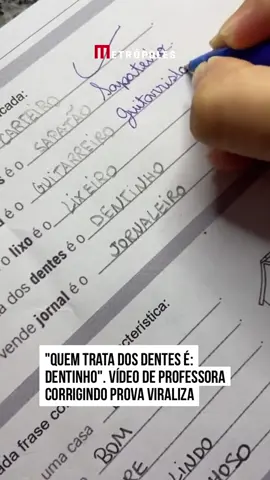 👩🏻‍🏫 O vídeo de uma #professora corrigindo a prova de um aluno que #viralizou nas redes sociais chamou atenção pela forma como a #criança respondeu questões que pediam para dar nomes a figuras e os substantivos de algumas palavras. #TikTokNotícias 
