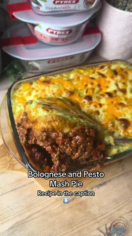 Bolognese and Pesto Mash Pie  . ⬇️ Recipe below ⬇️ . Press save for dinner inspiration 📌 follow @dinner_at_hols for more recipes like this . Recipe serves 4 . Ingredients. . 500g 5% beef mince  150g diced smoked bacon  1 onion (finely diced)  2 medium carrots (finely diced) 2 peppers (sliced or diced)  2 cloves garlic (finely grated)  1tbs tomato purée  1tbs Italian mixed herbs  1 beef stock cube 500g passata  800g potatoes, mashed  4tbs pesto  120g cheese- I used a mix of cheddar, Red Leicester and mozzarella  . Method. . Fry off the onions, carrots and peppers until soft then add the garlic. Add your bacon and cook for a few minutes, then add the beef mince and cook until brown. Add the tomato purée, stock cube, herbs and passata and cook on a low heat for at least 30 min (longer the better). I put it in the slow cooker and left it on high for 4 hours (optional). Transfer your bolognese mix to the dish. Add in the pesto to your mash and top the bolognese mix with it. Sprinkle over the cheese and pop in the oven on 200°c for 20-30 minutes (longer if it’s straight from the fridge).  . . #fyp #viral #bolognese 