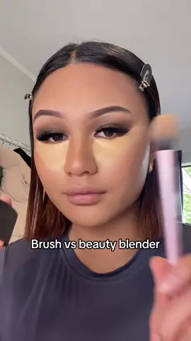 My preference is BOTH! Brushes and beauty blenders both have really good qualities. Brushes don’t soak up so much product and are more precise when it comes to placement of the blend. Beauty blenders have a much smoother finish and melt the product into the skin.  I always use a brush first then go back over with a beauty blender. Which is your favourite?
