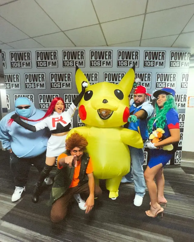 Our group costume for the stations Halloween contest! Y’all like?! #BrownBagMornings #Power106 #radio #losangeles #morningshow #halloween #pokemon #costume #contest 
