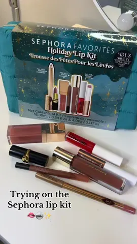 Trying on the Sephora holiday lip kit on medium brown skin tone ✨🪩🫦 #sephoraliplooks #sephoratryonhaul #rarebeauty #patmcgrathlabs #tartecosmetics #glossier #hudabeauty #charlottetilbury #patricktabeauty #fyp #beauty #makeup #lips #giftideas 