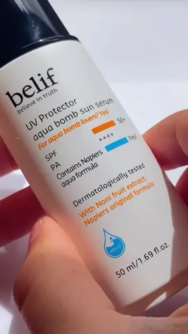 belif • believe in truth UV Protector aqua bomb sun serum |  This serum-type sunblock with an ultra-light and fresh texture, like an aqua bomb, aims to protect your skin from UV rays while offering anti-wrinkle and skin-whitening effects. It contains Napiers aqua formula and has been dermatologically tested. With the inclusion of Noni fruit extract and Napiers' original formula aqua, it's designed to provide comprehensive protection. To use: At the last step of your skincare routine, I apply an appropriate amount to my face and spread it evenly at least 30 minutes before sun exposure. #korea #sunscreen #spf #belif #for 