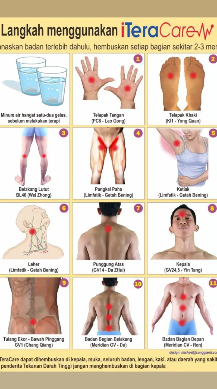 Panduan dan Urutan Terapi Menggunakan iTercare 1. Buatlah Air TeraHertz secukupnya dengan memakai wadah kaca atau keramik tanah liat (jangan memakai wadah berbahan plastik, stainless steel atau melamine). Ambil air mineral masukkan dalam wadah dan blow selama 5-15 menit (tergantung besarnya wadah dan banyaknya air yang di blow). Air segelas cukup 2 menit 2. Minum 1 gelas besar atau 2 gelas kecil air TeraHertz sebelum blow dilakukan 3. Blow bagian titik meredian di punggung tengah, dimulai dari tengkuk (bawah leher) lalu turun secara perlahan sampai tulang ekor. Lakukan selama 5-15 menit (tergantung ketersediaan waktu) *Catatan :* a. lakukan dengan gerakan memutar berlawanan arah jarum jam, besar putaran selebar leher kita karena sejajar tulang punggung 2 jari ke kanan dan 2 jari ke kiri tulang punggung adalah area yang penting terkena blow juga. b. blow bergerak turun ke bawah, jangan ada gerakan naik keatas c. Jika sudah sampai tulang ekor, keluarkan blow dari tubuh dengan cara geser ke samping kanan/kiri, lalu naik lagi (diluar tubuh) dan ulangi gerakan no.3 diatas  4. Blow titik-titik limfatik yang mengandung kelenjar getah bening, yakni : a. lipatan telapak tangan bagian tengah, kanan dan kiri @2 menit  b. lipatan siku tangan bagian dalam, kanan dan kiri @2 menit c. lipatan ketiak bagian tengah, kanan dan kiri @2 menit d. leher di bagian bawah telinga, kanan dan kiri @2 menit e. lipatan selangkangan (pangkal paha bagian atas), kanan dan kiri @2 menit f. lipatan bagian belakang lutut, kanan dan kiri @2 menit g. telapak kaki bagian tengah agak keatas, kanan dan kiri @2 menit *Catatan :* lakukan dengan gerakan memutar kecil berlawanan arah jarum jam 5. Blow bagian tubuh yang bermasalah selama 5-15 menit. Ikuti panduan blow sesuai arahan perusahaan R&D de Sang yang menciptakan alat  iTeraCare 6. Minum 1 gelas besar atau 2 gelas kecil air TeraHertz #alatterapi #alatterapikesehatan #terahertz #terahertzlightwavetherapy #terahertztherapy  #tipsandtricks #iteracarepremium #iteracaredevicetherapymethods  #iteracaredevice 