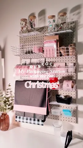Restock my packaging station with me for Christmas! 📦🎄🥰 I'm so obsessed with how my peg board looks for this Holiday Season! Pinkish Christmas Vibes alllll the way for Honey She's Home 🩷 #christmaspackaging #asmrpackaging #restockasmr #holidaypackaging #pinkchristmas #smallbusinesspackaging 