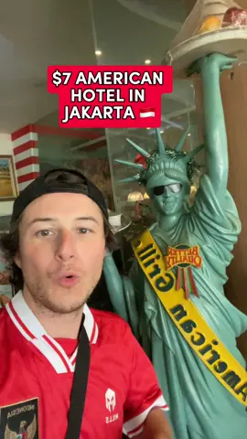 $7 American Themed Hotel in Jakarta 🇮🇩 #jakarta #indonesia #america #hotelreview #budgethotel #badhotel #usahotel #🇮🇩 #usa #traveltiktok #hotellife #fyp #fypjakarta #nativety #unitedstates #statueofliberty #fakehotel #sizzler #americanfood 