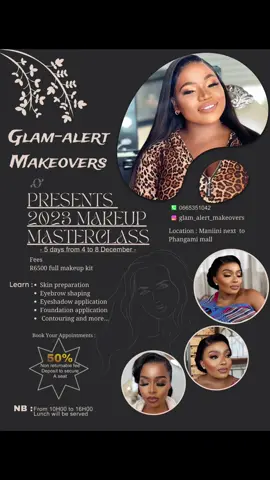 Makeup masterclass registration is now open. 50% deposit is required to secure your slot‼️ NB : The price includes your full makeup kit. #SAMA28 #vendamakeupartist #makeup #thohoyandoumakeupartist #vendamakeupclasses 