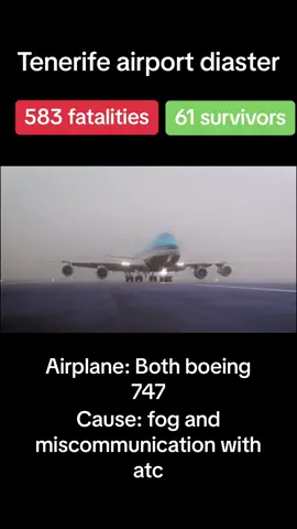 The Tenerife airport disaster occurred on March 27, 1977, when two Boeing 747 passenger jets collided on the runway at Los Rodeos Airport (now Tenerife North Airport) on the Spanish island of Tenerife. The collision occurred when KLM Flight 4805 initiated its takeoff run during dense fog while Pan Am Flight 1736 was still on the runway. The impact and resulting fire killed everyone on board KLM 4805 and most of the occupants of Pan Am 1736, with only 61 survivors in the front section of the aircraft, resulting in the worst aviation disaster in Spain. With 583 fatalities, the disaster is also the deadliest accident in aviation history. #airport #plane #tenerife #sad #fy #fyp #fypシ #airbusbeluga #b747 #panam #klm 
