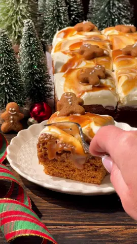GINGERBREAD CAKE 🎄🎁✨ Super moist gingerbread cake filled with gingerbread caramel sauce, frosted with cream cheese frosting, a gingerbread caramel swirl & decorated with the cutest little gingerbread men 🥹  I had so much fun making this one, I hope you all enjoy baking it this Christmas season! ❤️ #gingerbread #gingerbreadcake #caramel #creamcheesefrosting #gingerbreadman 