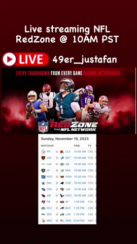 NFL RedZone live stream #nfl #nflfootball #nfltiktok #sundayfootball #fypシ #fyp #nflredzone #redzone #steelers #browns #bears #lions #chargers #pakers #raiders #dolfins #cowboys #panthers #49ers #49ersfaithful #49ersfootball #49ersempire #FTTB 