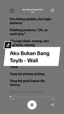 Aku Bukan Bang Toyib - Wali #wali #akubukanbangtoyib #waliband #kaubilangpadakukauinginbertemu #sayangakubukanlahbangtoyib #walibandofficial #fulllirik #spotify #fy #andnwn #4u #fulllyrics #spotifylyrics 