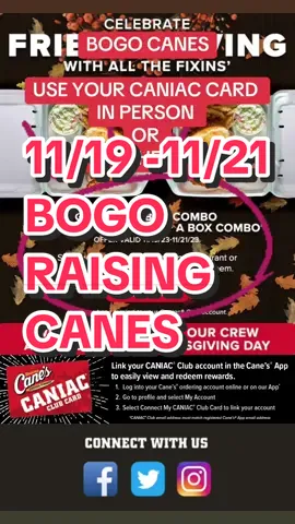 BOGO CANES (use your caniac club card) #fyp #canes #raisingcanes #bogo #deals #friendsgiving 