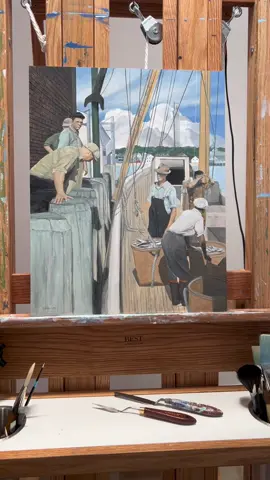 An oil painting of fishermen in Provincetown, Massachusetts. #painting #oilpainting #art #artist #fishermen #provincetownart #artistsoftiktok #fineart #paintingprocess 