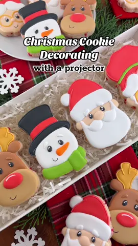 Learn to decorating Christmas cookies with the help of a projector! Our cookie cutters have free projector templates to help guide you as you decorate. #cookiedecorator #christmascookies #cookieprojector #royalicingcookies #reindeercookies #santacookies #snowmancookies 