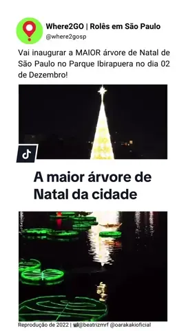 Mais informações aqui👇 Vocês pediram no último post e nós trouxemos! A MAIOR árvore de Natal de São Paulo será inaugurada em 02 de Dezembro no Parque Ibirapuera! 🎄 Com 57 metros de altura, a árvore será ainda maior que a do ano passado 😱 Além da árvore, o parque receberá decoração com o tema “Sonho de Uma Noite de Natal”, com direito a Casa do Papai Noel e Mercado de Natal. A programação é gratuita e inclui shows diários no lago com animação holográfica! 📆De 02/12 a 06/01 até 06 de Janeiro  🕢das 19:30h às 22h 📍Parque Ibirapuera Av. Pedro Álvares Cabral, s/n 📹Os vídeos são de 2022, respectivos créditos aos @s mencionados. Curtiu o rolê? Acompanha a gente aqui pra mais 😉 #saopaulo #sp #natal #where2gosp 