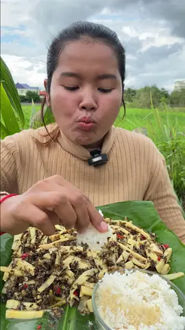 Eating red ants salad with rice