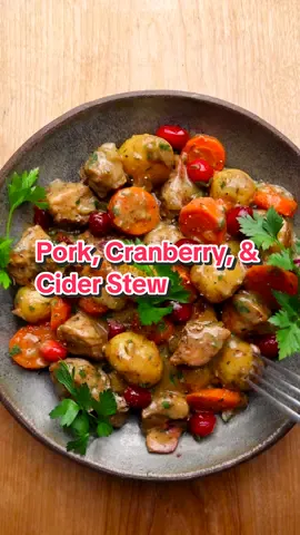 Episode 9 Of All Things Soups, Stews, And Warm Bowls Of Goodness = Pork, Cranberry, and Cider Stew. A Beautiful Bowl Of Comfort That’s Perfect For Cool Weather Days, With A Festive & Vibrant Flavour Boost From Our Incredible New Brunswick Cranberries. 2 tablespoons olive oil 2 1/2 pounds pork shoulder, trimmed and cubed 1 large onion, diced fine 2 celery stalks, diced fine 4 garlic cloves, minced 1 tablespoon thyme leaves, minced 3 tablespoons all-purpose flour 1 cup cider 4 cups chicken stock 2 bay leaves 1 tablespoon Dijon mustard Zest of 1 orange, grated on a microplane 1 pound medium carrots, peeled and sliced 2 cups fresh cranberries 1 pound baby potatoes 1/4 cup minced flat-leaf parsley, divided Juice of 1/2 lemon Sea salt and cracked black pepper Heat a high-sided pan (or pot) over medium-heat, and pour in the olive oil. Season the pork with salt and pepper, then brown all over. Remove and set aside. Add the onion, celery, a good pinch of salt, and cook until softened, 5 - 7 minutes. Add the garlic and thyme, and cook for 1 minute, then add the flour and stir well to coat the veggies entirely. Deglaze with your cider, then add the stock, browned pork, bay leaves, Dijon, orange zest, a pinch of salt and pepper, then bring to a simmer and cook until the pork is just starting to become fork tender, about 1 hour. Add the carrots, cranberries, and potatoes, then return to a simmer and cook until the veggies are fork tender and the pork is perfectly done. Stir in the parsley, and adjust seasoning as necessary. Plate up, then top with cracked black pepper, a squeeze of lemon, and serve. Delicious! #food #Recipe #FoodTok #recipesforyou #recipes #comfortfood #EasyRecipe #EasyRecipes #tiktokchef #stew #stewrecipe #stews #cranberry #cranberries #newbrunswick 