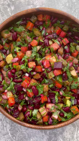 PERFECT WINTER ROAST VEG SALAD * 250g raw beetroot, cubed  * 250g raw carrots, cubed  * 250g salad potatoes, cubed * 250g gherkins, cubed * 1 x400g can red kidney beans, drained (use cannellini beans or chickpeas, if you prefer) * 1 small red onion, chopped * 25g coriander, chopped * 20g dill, chopped  * 10g parsley, chopped  * 40ml olive oil  * Juice of 1/2 lemon (optional) * Salt and ground black pepper  Heat the oven to 210C. Drizzle the vegetables with olive oil, season and roast for 20-25 minutes. Set aside to cool down.  In a large bowl, combine the vegetables  with beans, pickles,herbs, onion, olive oil, season well with salt and black pepper. #beet #beetroot #salad #fyp 