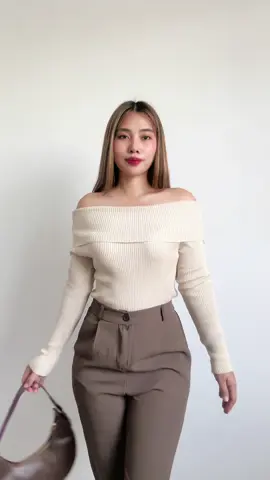 offshie longsleeve + trouser🤎✨#knittedlongsleeve #trouseroutfits #offshouldertop #outfitideas #tiktokrecosbyaeriel #TikTokFashion #fashiontiktok #officeoutfit 