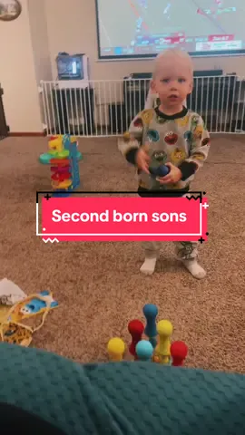 Not me pulling out the bowling game to stop him from stacking TheFORT blocks and jumping off #toddlersoftiktok #secondchildrenarecrazy #secondbornchild #boysarewild #fyp #bowling #toddlergames #keepingmeonmytoes #boymomproblems 