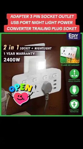 LUCKY HAWK T ADAPORT ADAPTOR ADAPTER 3 PIN SOCKET OUTLET USB PORT NIGHT LIGHT POWER CONVERTER TRAILING PLUG SOKET #fyp #tekanbegkuning #pejuang10kfollowers #semuatentangkita 