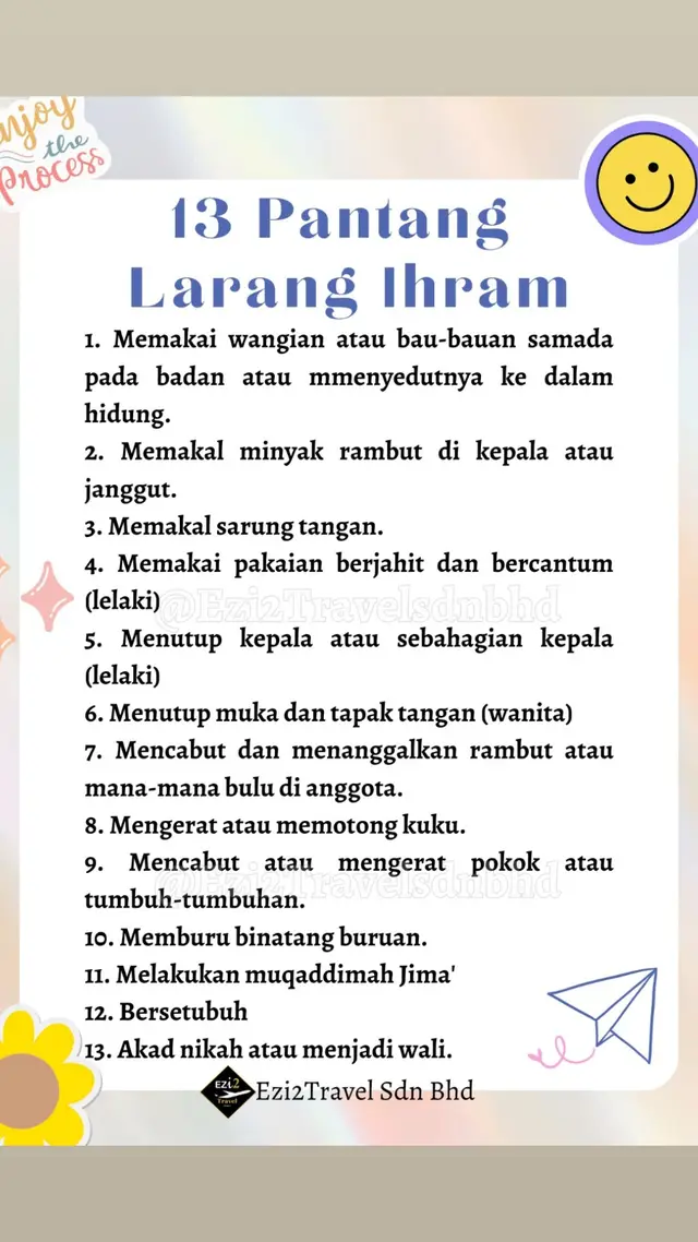 NOTA 13 PANTANG LARANG IHRAM !🥰 Khas disediakan oleh Ezi2travel Sdn Bhd buat para jemaah yang akan menunaikan umrah tak lama lagi 🥰❤️.  Semoga dipermudahkan urusan buat para jemaah yang akan terbang!  . . #ezi2travel #umrah 
